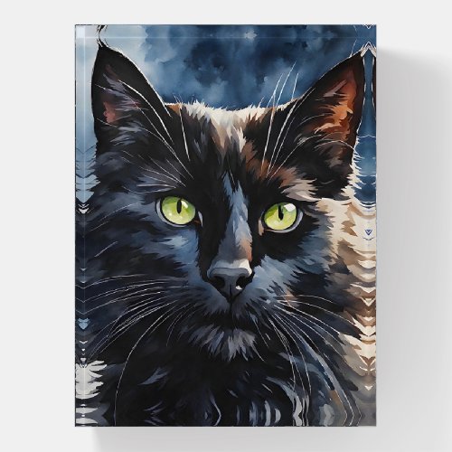 Watercolor Portrait of Black Cat with Green Eyes  Paperweight