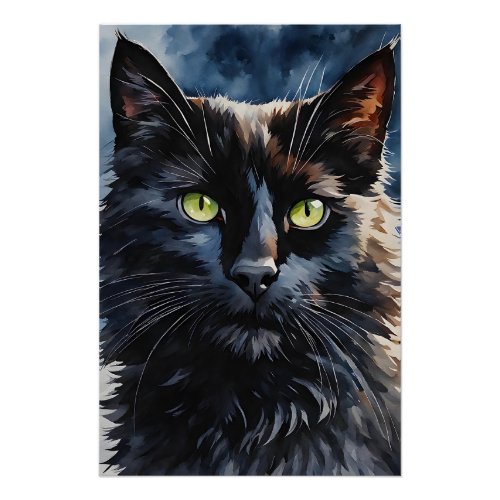 Watercolor Portrait of Black Cat with Green Eyes  Poster