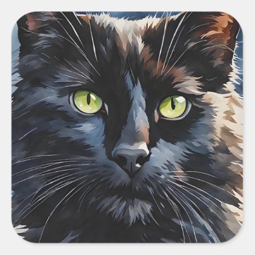 Watercolor Portrait of Black Cat with Green Eyes  Square Sticker