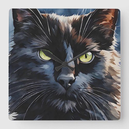 Watercolor Portrait of Black Cat with Green Eyes  Square Wall Clock