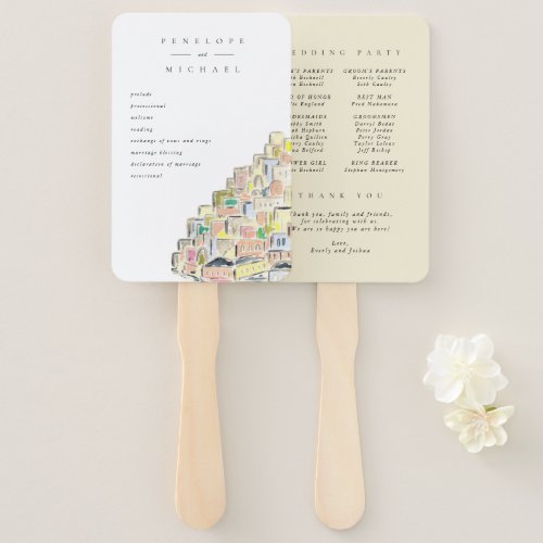 Watercolor Positano Destination Wedding Program Hand Fan