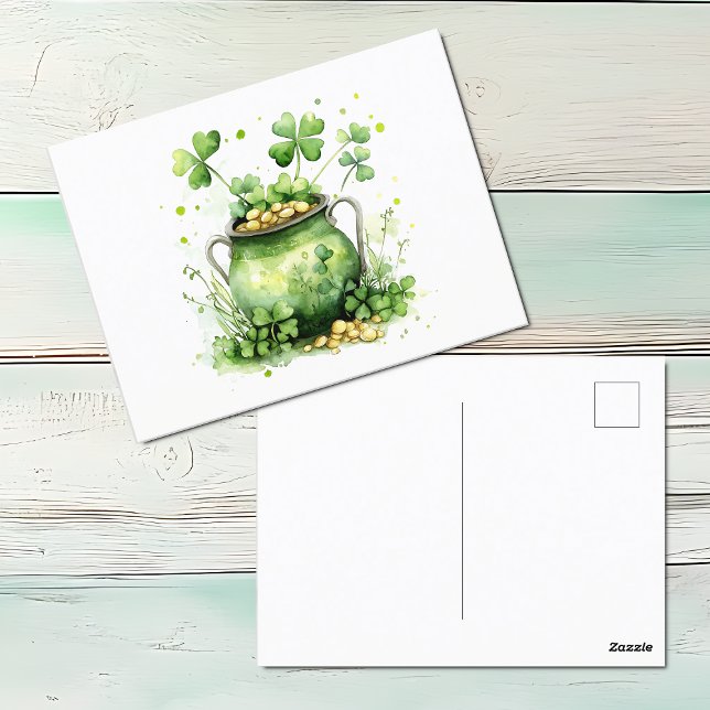 Watercolor Pot of Gold Holiday Postcard (St. Patrick's Day Pot of Gold postcard)