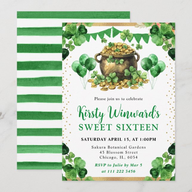 Watercolor Pot of Gold St Patrick's Sweet 16 Invitation (Front/Back)