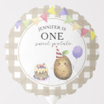 Watercolor Potato 1st birthday Balloon<br><div class="desc">A Little Sweet Potato. Watercolor kids birthday party. Watercolor cute potato kawaii in birthday hat,  cake with berries,  purple balloon,  festive garland of flags. Beige-brown cage background.</div>