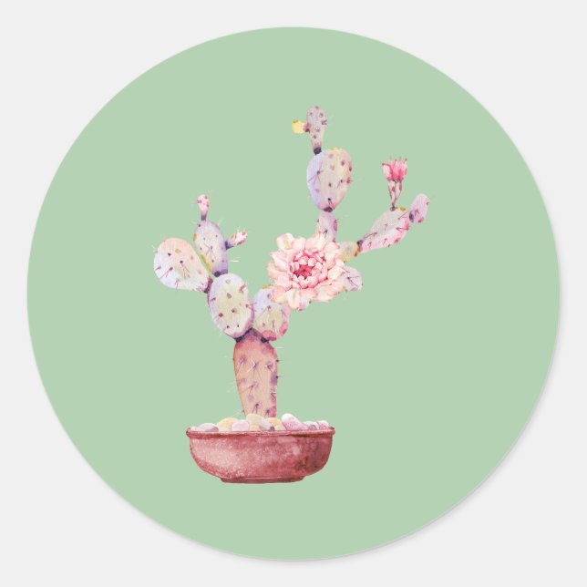 Watercolor Potted Cactus Classic Round Sticker (Front)