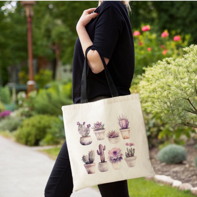 watercolor potted cactus  tote bag (Creator Uploaded)