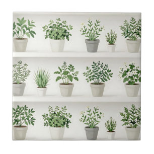 Watercolor Potted Herbs Shelf Pattern Ceramic Tile