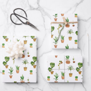 Watercolor Potted Houseplants Pattern Wrapping Paper Sheets