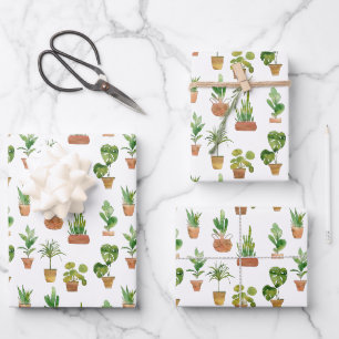 Watercolor Potted Houseplants Pattern Wrapping Paper Sheets