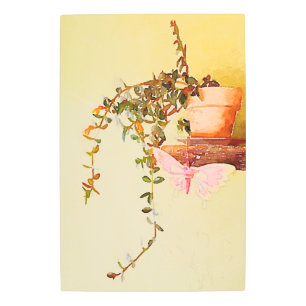 Watercolor Potted Plant and Butterfly Metal Print