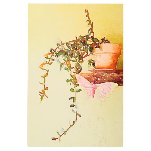 Watercolor Potted Plant and Butterfly Metal Print