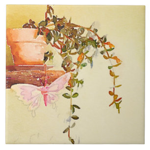 Watercolor Potted Plant and Butterfly Metal Print Ceramic Tile