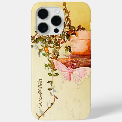 Watercolor Potted Plant Butterfly Custom Name iPhone 15 Pro Max Case