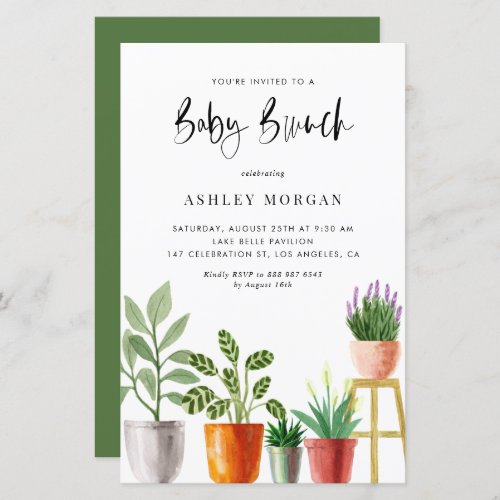 Watercolor Potted Plants Baby Brunch Invitation - Invite guests to your event with this customizable baby brunch invitation. It features watercolor illustrations of potted houseplants such as peach lilt, lavender and succulents. Personalize this plant theme baby brunch invitation by adding your own details. This boho baby brunch invitation is perfect for spring and summer baby showers and gender neutral baby showers. 