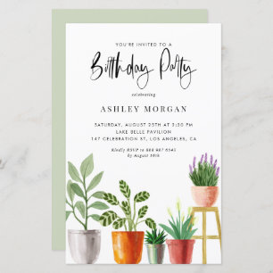 Watercolor Potted Plants Birthday Party Invitation