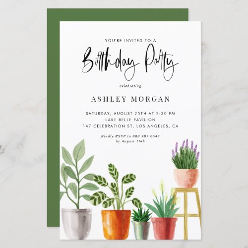 Watercolor Potted Plants Birthday Party Invitation