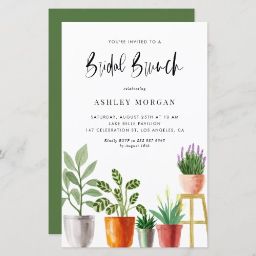 Watercolor Potted Plants Bridal Brunch Invitation - Invite guests to your event with this customizable bridal brunch invitation. It features watercolor illustrations of potted houseplants such as peach lily, lavender and succulents. Personalize this plant theme bridal brunch invitation by adding your own details. This boho bridal brunch invitation is perfect for spring and summer bridal showers. 