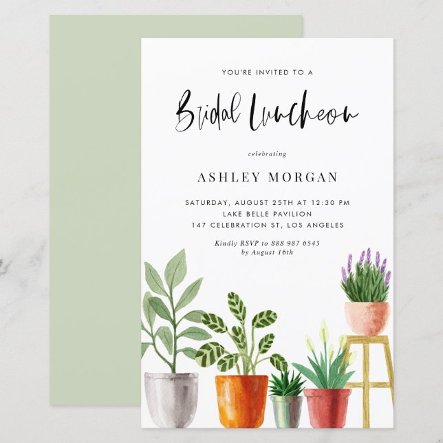 Watercolor Potted Plants Bridal Luncheon Invite (Front/Back)