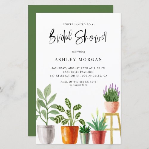 Watercolor Potted Plants Bridal Shower Invitation - Invite guests to your event with this customizable bridal shower invitation. It features watercolor illustrations of potted houseplants such as peach lily, lavender and succulents. Personalize this plant theme bridal shower invitation by adding your own details. This boho bridal shower invitation is perfect for spring and summer bridal showers. 