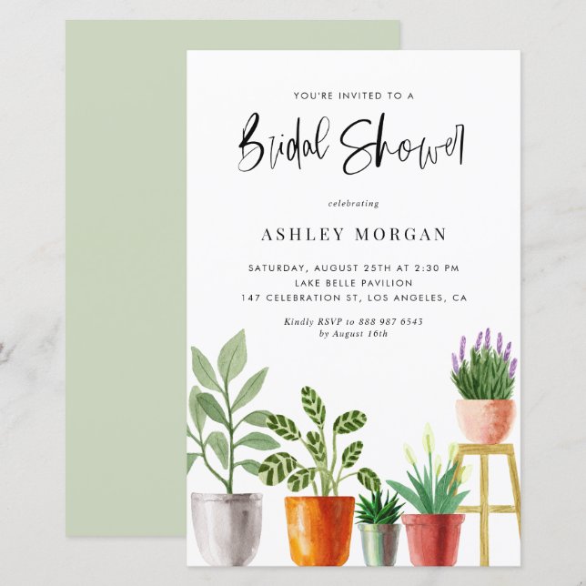 Watercolor Potted Plants Bridal Shower Invitation (Front/Back)