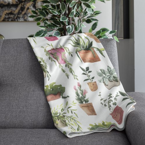 Watercolor Potted Plants Pattern Blanket