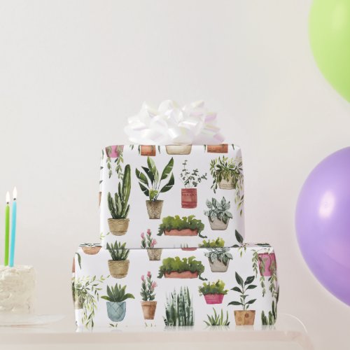 Watercolor Potted Plants Pattern Wrapping Paper