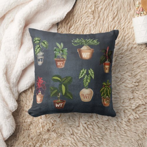Watercolor Potted Plants Rustic Monogram Black  Throw Pillow