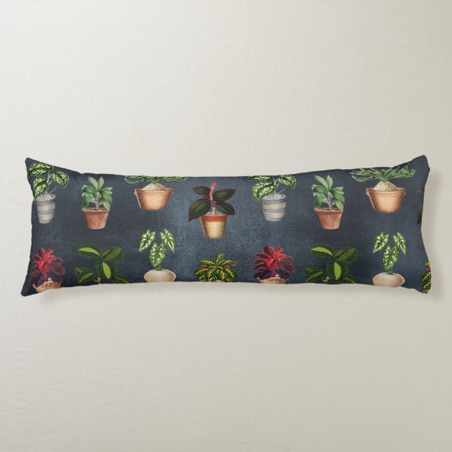 Watercolor Potted Plants Rustic Pattern Black Body Pillow (Front)