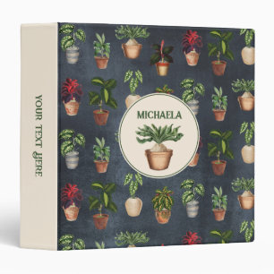 Watercolor Potted Plants Rustic Pattern Black Name 3 Ring Binder