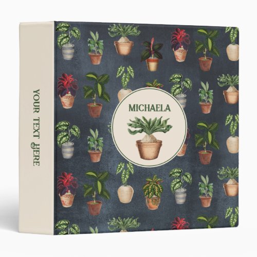Watercolor Potted Plants Rustic Pattern Black Name 3 Ring Binder