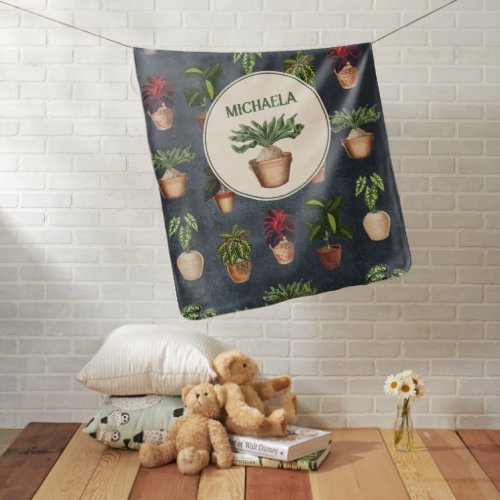 Watercolor Potted Plants Rustic Pattern Black Name Baby Blanket