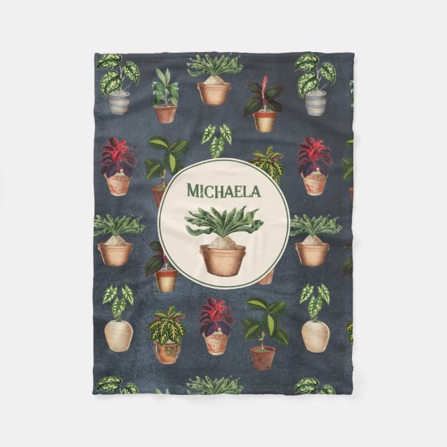 Watercolor Potted Plants Rustic Pattern Black Name Fleece Blanket (Front)