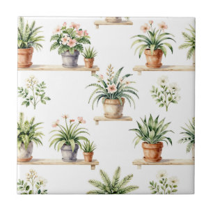 Watercolor Potted Plants Shelf Pattern Ceramic Tile
