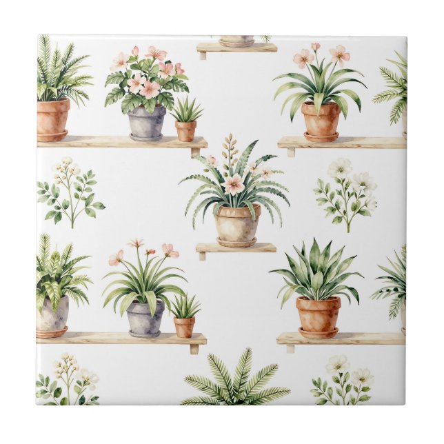 Watercolor Potted Plants Shelf Pattern Ceramic Tile (Front)