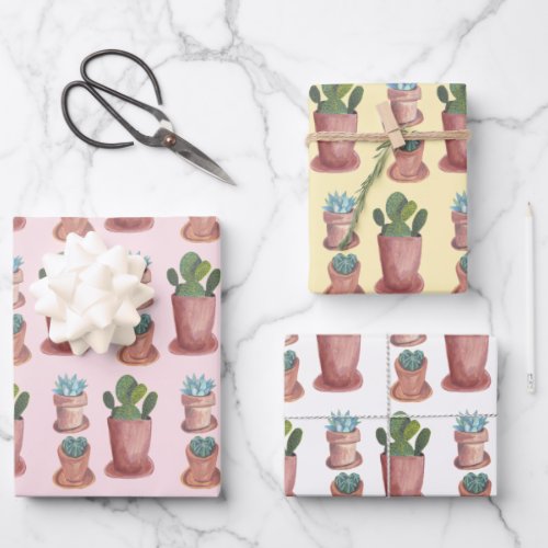 Watercolor Potted Plants Succulents and Cacti Gift Wrapping Paper Sheets