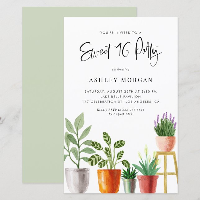 Watercolor Potted Plants Sweet 16 Party Invitation (Front/Back)
