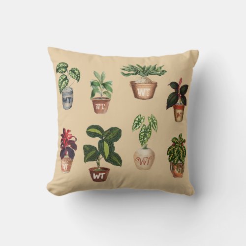 Watercolor Potted Plants Terracotta Pots Monogram Throw Pillow