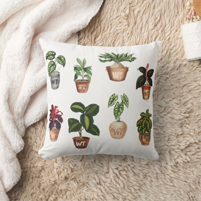 Watercolor Potted Plants Terracotta Pots Monogram Throw Pillow (Blanket)