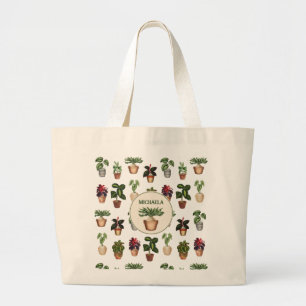 Watercolor Potted Plants Terracotta Pots Name Large Tote Bag
