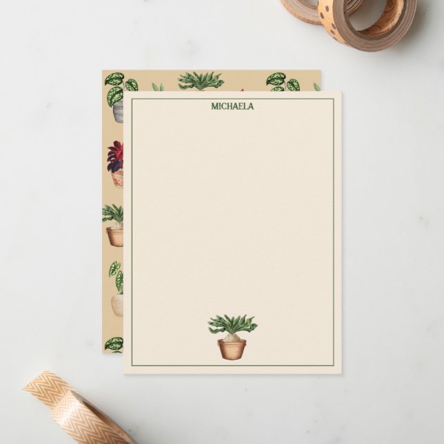 Watercolor Potted Plants Terracotta Pots Name Note Card (Front/Back In Situ)