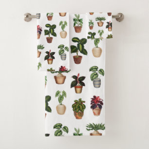 Watercolor Potted Plants Terracotta Pots Pattern  Bath Towel Set