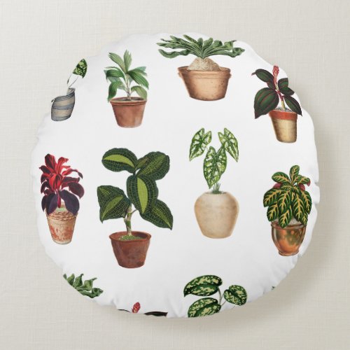 Watercolor Potted Plants Terracotta Pots Pattern  Round Pillow