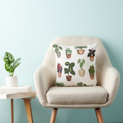 Watercolor Potted Plants Terracotta Pots Pattern  Throw Pillow