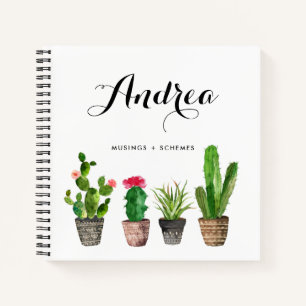 Watercolor Potted Succulents Personalized Square Notebook