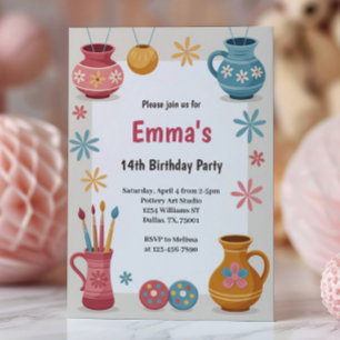 Watercolor Pottery Painting Birthday Party Invitation