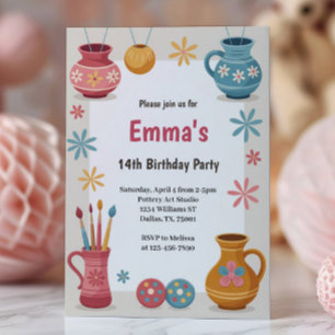 Watercolor Pottery Painting Birthday Party Invitation