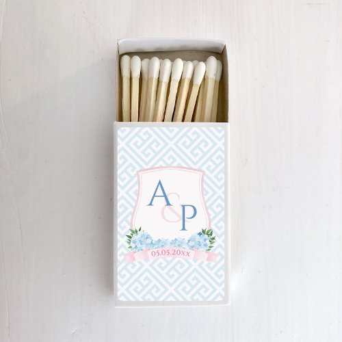 Watercolor Preppy Blue And Pink Wedding Crest Matchboxes