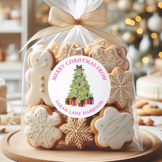 Watercolor Preppy Bright Christmas Tree Address Classic Round Sticker (Creator Uploaded)