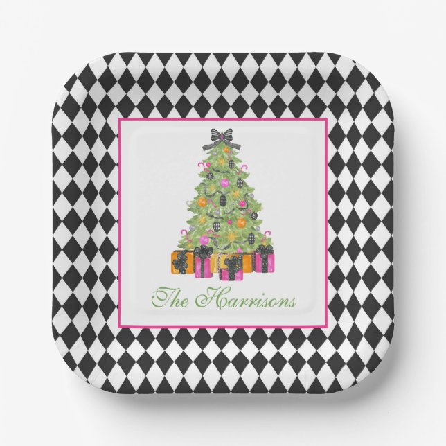 Watercolor Preppy Bright Christmas Tree Paper Plates (Front)