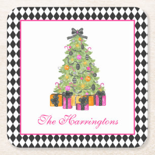 Watercolor Preppy Bright Glamour Christmas Party Square Paper Coaster